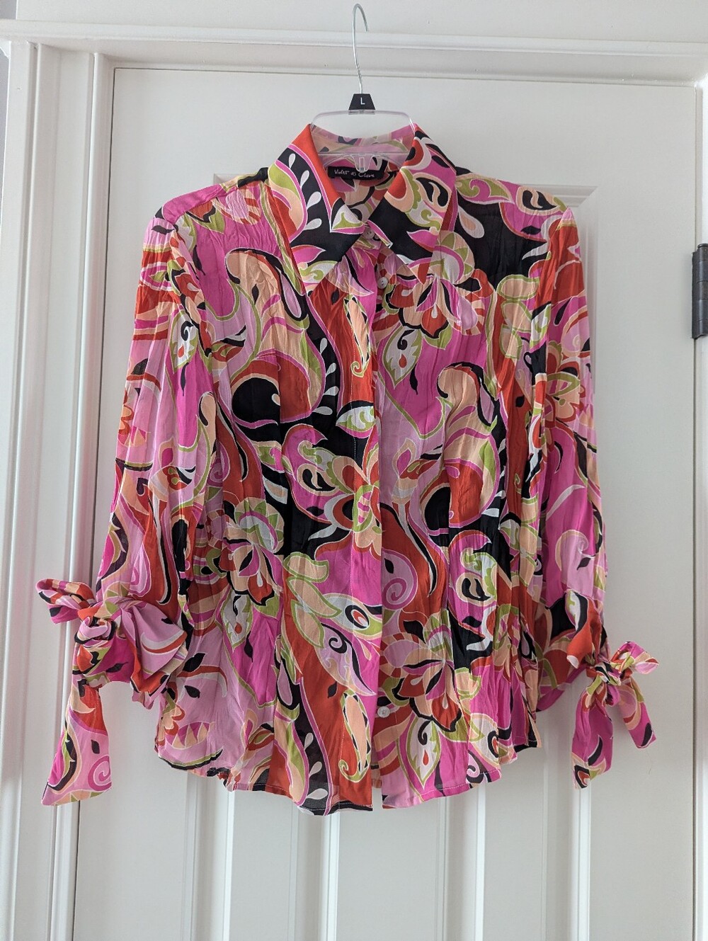 Violet & Claire Women's Pink Multi-Pattern Button-Up Blouse 3/4 Tie Sleeves